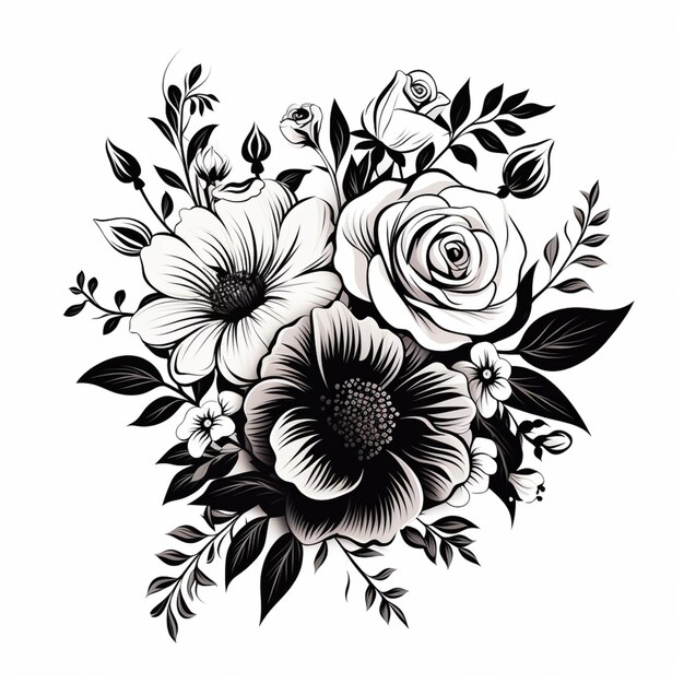 czarno-biały rysunek kwiatów z liśćmi i kwiatami generatywne ai