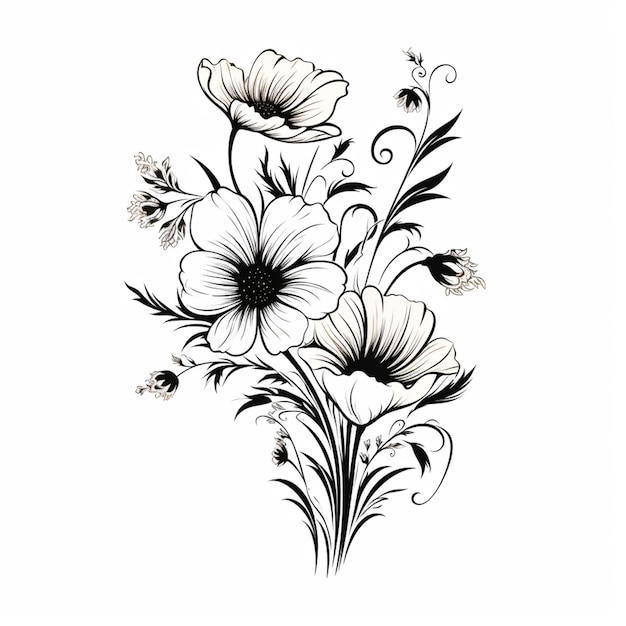 Zdjęcie czarno-biały rysunek kwiatów z wirami i liśćmi