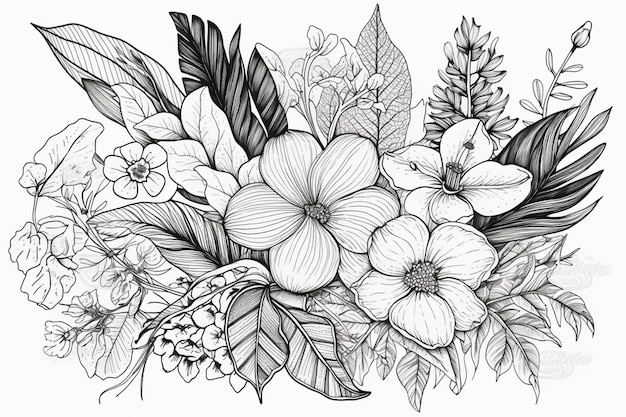 Czarno-biały rysunek kwiatów.