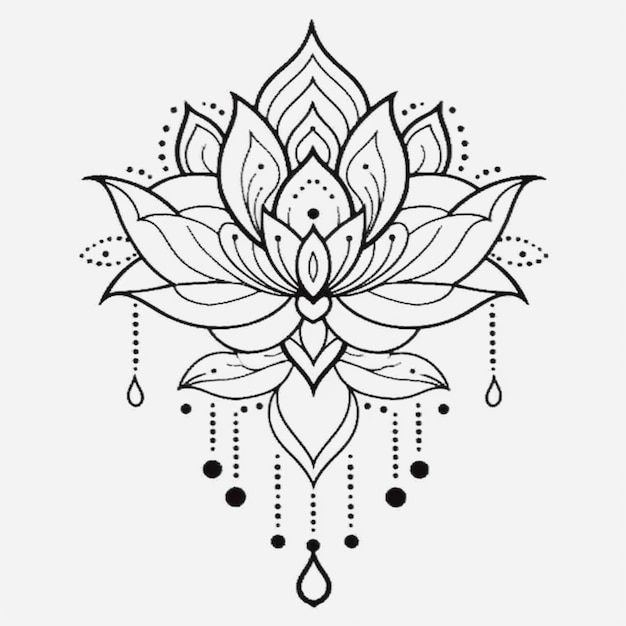 Czarno-biały rysunek kwiatu lotosu z kropelami wody