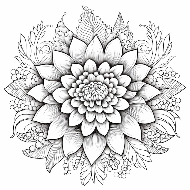 Czarno-biały rysunek kwiatu z generatywnymi liśćmi ai