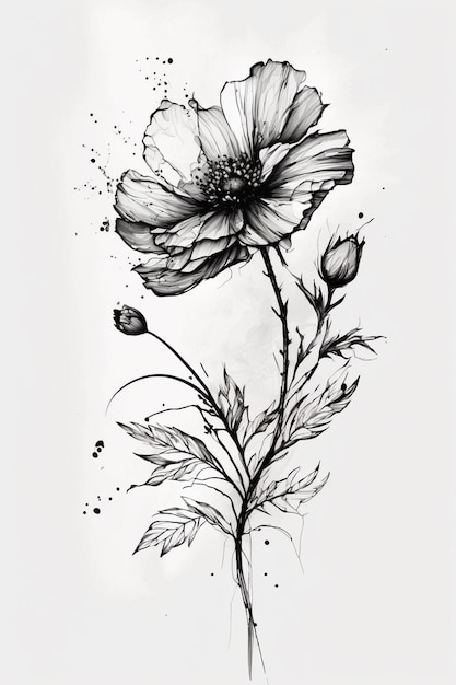 czarno-biały rysunek kwiatu z liśćmi generatywnymi ai