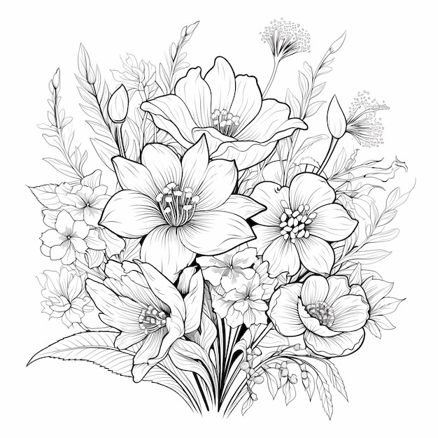 czarno-biały rysunek kwiatu z liśćmi i kwiatami