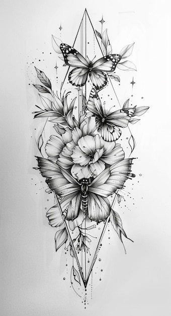 Zdjęcie czarno-biały rysunek kwiatu z motylami generatywny ai