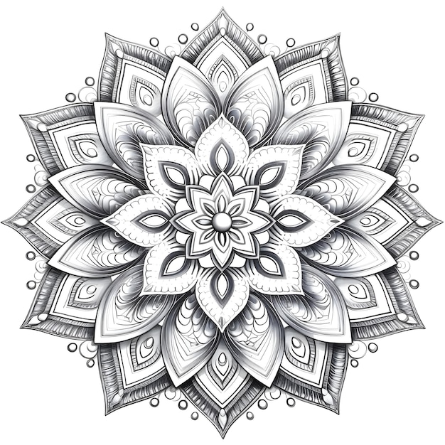 Czarno-biały rysunek kwiatu z rysunkiem z napisem "mandala".