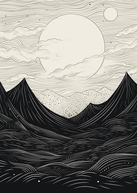 Czarno-biały rysunek łańcucha górskiego z pełnym księżycem generatywny ai