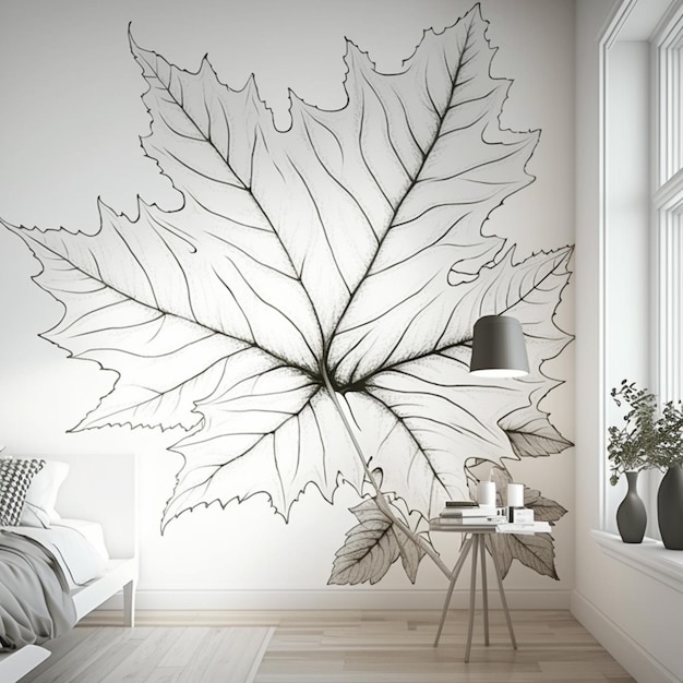 Czarno-biały rysunek liścia na ścianie w sypialni.