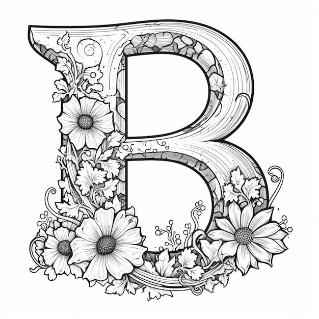 Zdjęcie czarno-biały rysunek litery b z kwiatami generatywny ai
