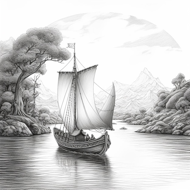 Czarno-biały rysunek łodzi z żaglem.