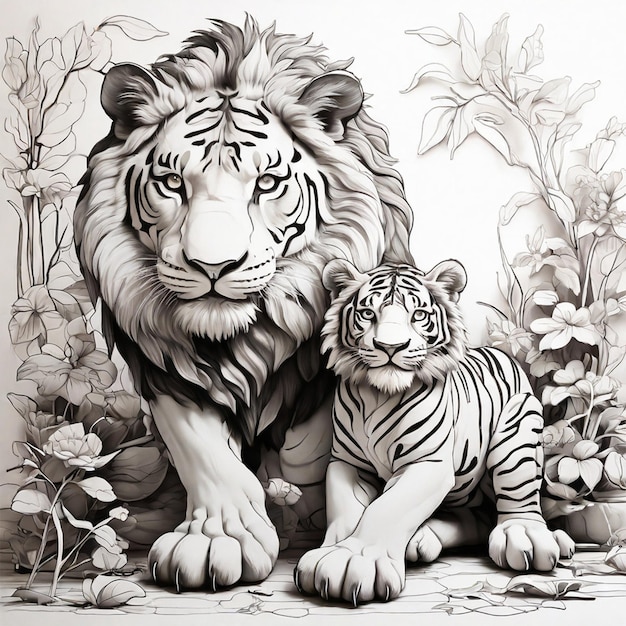 Czarno-biały rysunek lwa i szczeniaka