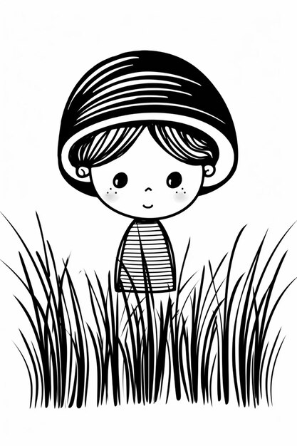 czarno-biały rysunek małego chłopca stojącego w trawie