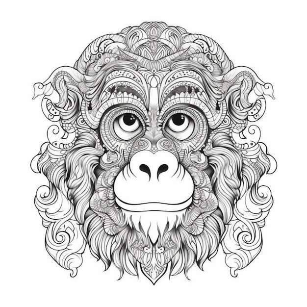 czarno-biały rysunek małpy z ozdobnymi wzorami generatywny ai