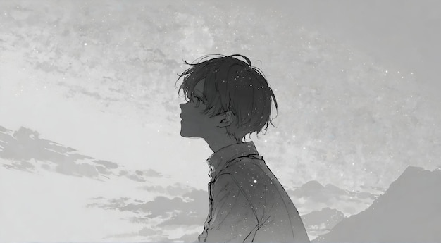 Czarno-biały rysunek młodego chłopca wpatrującego się w niebo