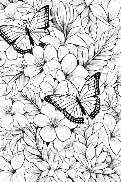 Czarno-biały rysunek motyla na generatywnym ai kwiatu