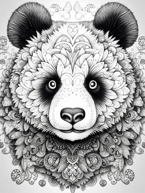 czarno-biały rysunek niedźwiedzia pandy z kwiatowym wzorem generatywny ai