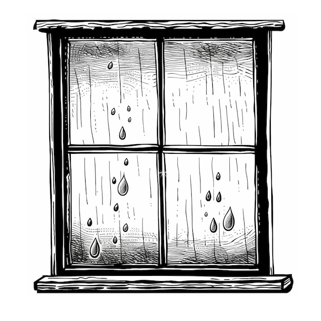 czarno-biały rysunek okna z kroplami wody na nim