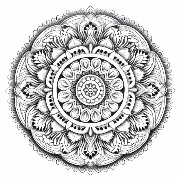 Czarno-biały rysunek okrągłego generatywnego kwiatu ai