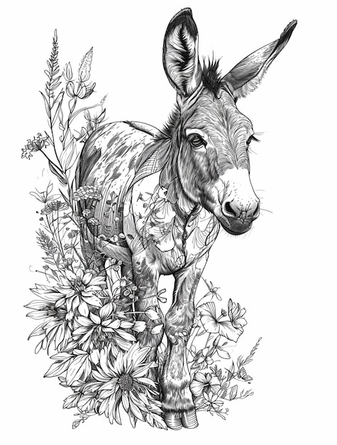 Czarno-biały rysunek osła z kwiatami