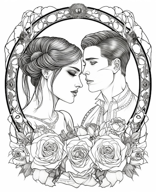 Czarno-biały rysunek pary w ramce z różami.
