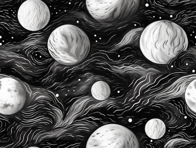 Czarno-biały rysunek planet i chmur w przestrzeni generatywnej ai