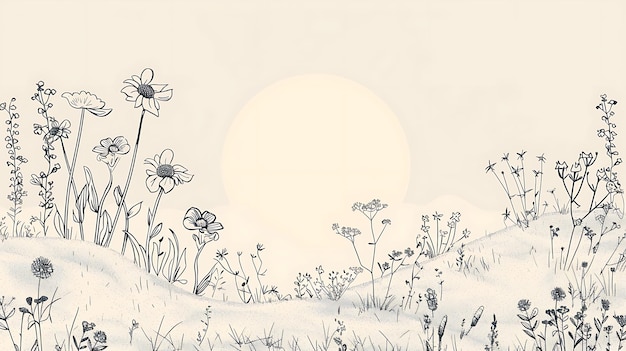 Czarno-biały rysunek pola kwiatów i roślin z dużym słońcem na tle