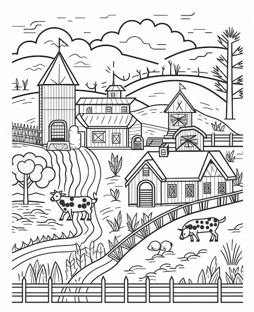 czarno-biały rysunek przedstawiający farmę z krową i domem generatywnym AI