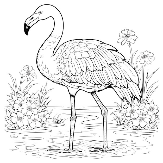 Czarno-biały rysunek przedstawiający flaminga w stawie z kwiatami.