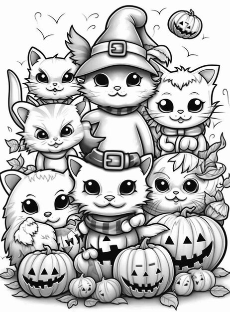 czarno-biały rysunek przedstawiający grupę kotów z dyniami generativ ai