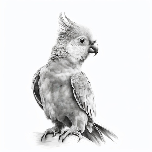 Czarno-biały rysunek przedstawiający kakadu na białym tle.