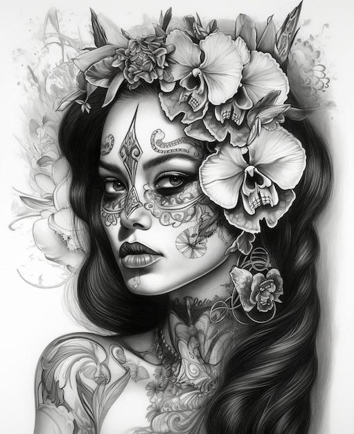 Czarno-biały rysunek przedstawiający kobietę z kwiatami na głowie.
