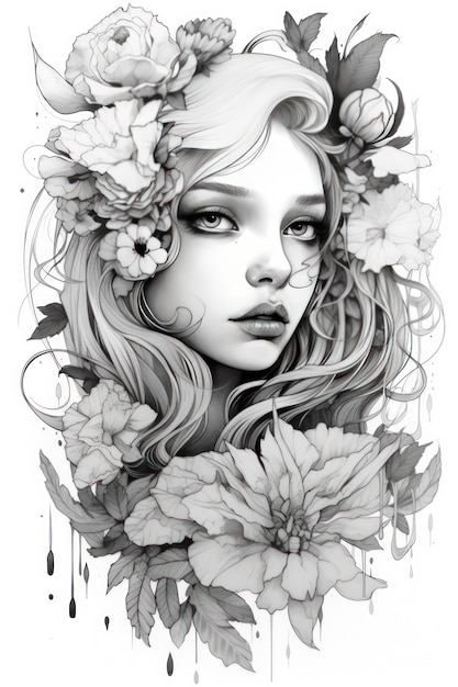 Czarno-biały rysunek przedstawiający kobietę z kwiatami na głowie