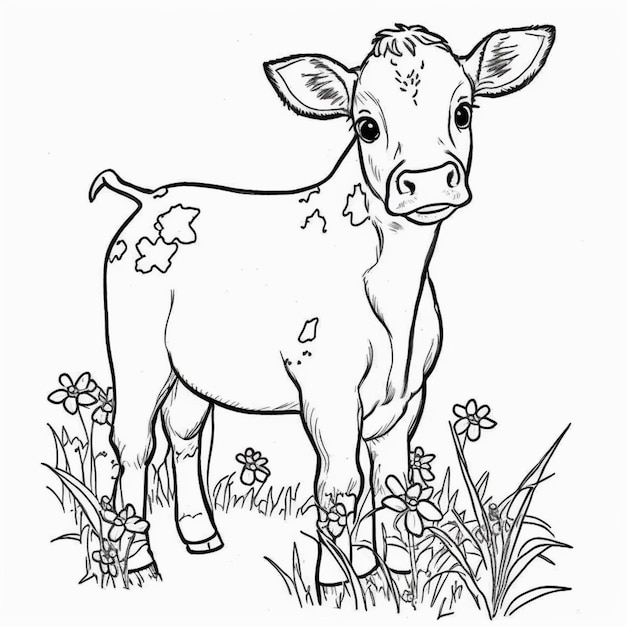 Zdjęcie czarno-biały rysunek przedstawiający krowę stojącą na polu kwiatów generatywną ai