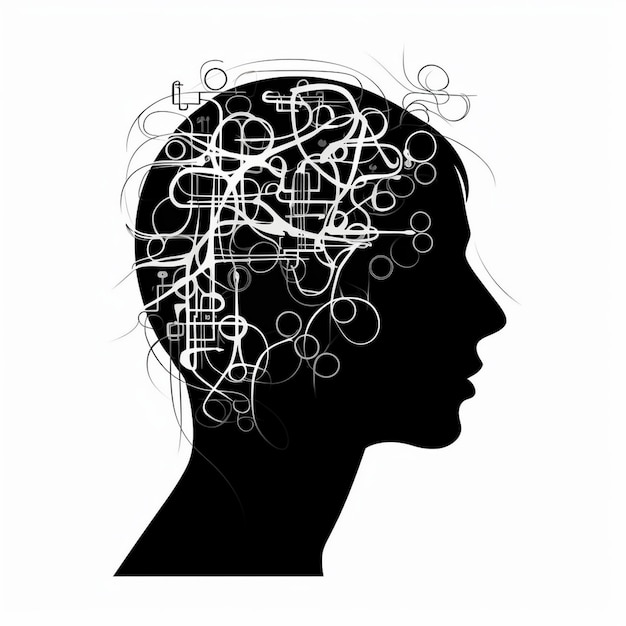 Zdjęcie czarno-biały rysunek przedstawiający ludzką głowę z napisem „mózg”.