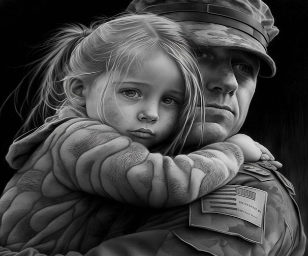Czarno-biały rysunek przedstawiający małą dziewczynkę przytulającą żołnierza