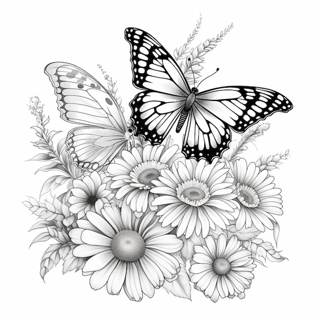 czarno-biały rysunek przedstawiający motyla i kwiaty generatywnej AI