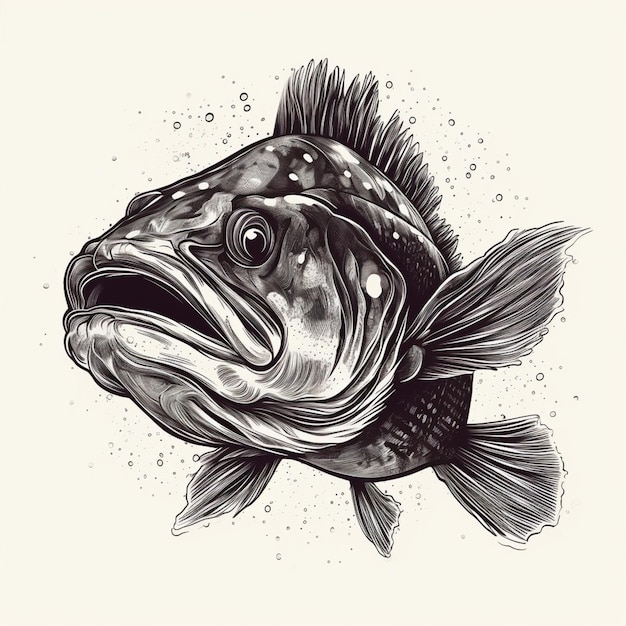 czarno-biały rysunek przedstawiający rybę z dużymi ustami, generatywną sztuczną inteligencją