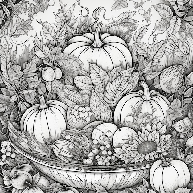 Czarno-biały rysunek przedstawiający scenę zbiorów z dyniami, liśćmi i jagodami.
