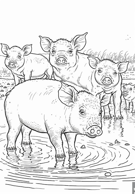 czarno-biały rysunek przedstawiający trzy świnie w stawie generatywnym AI