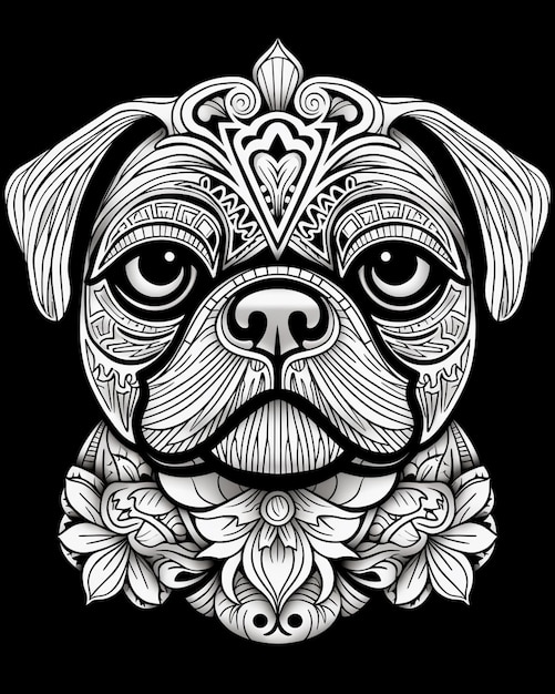 czarno-biały rysunek psa mopsa z ozdobnymi wzorami generatywnymi ai