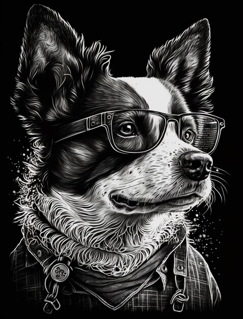 Zdjęcie czarno-biały rysunek psa noszącego okulary i koszulkę z napisem 