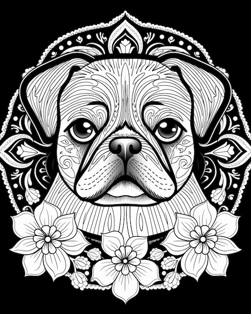 czarno-biały rysunek psa pug z kwiatami generatywne ai