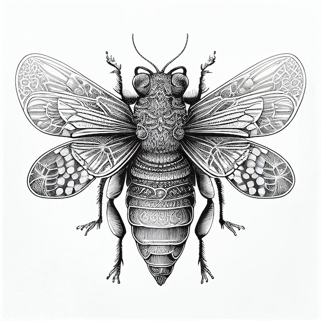 czarno-biały rysunek pszczoły z wzorem na jej ciele generatywny ai