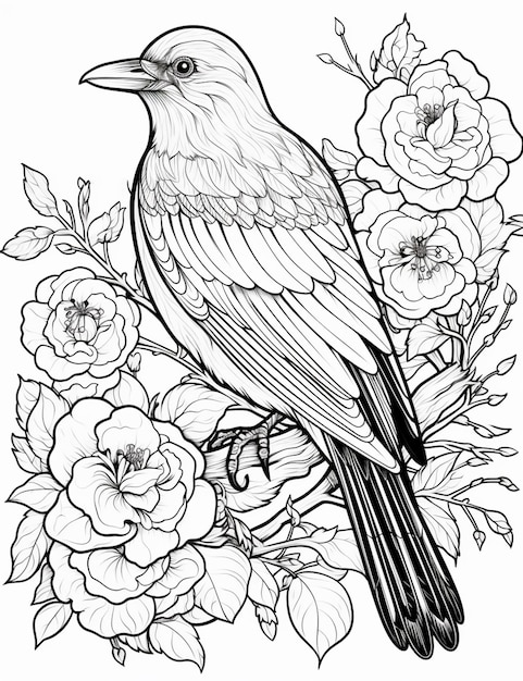 Czarno-biały rysunek ptaka siedzącego na gałęzi róż generatywnych ai