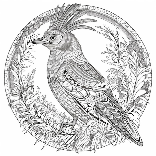 Czarno-biały rysunek ptaka z piórami na nim generatywny ai