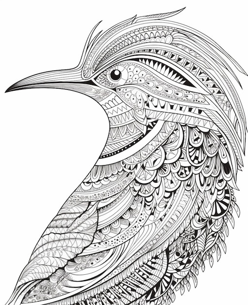 czarno-biały rysunek ptaka z skomplikowanymi wzorami generatywny ai