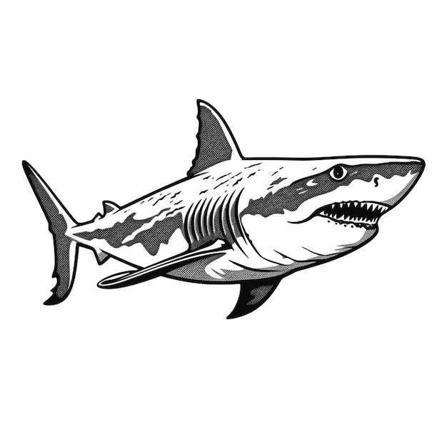 Czarno-biały rysunek rekina z ostrymi zębami generatywnymi ai