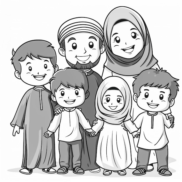 czarno-biały rysunek rodziny z mężczyzną i dwójką dzieci