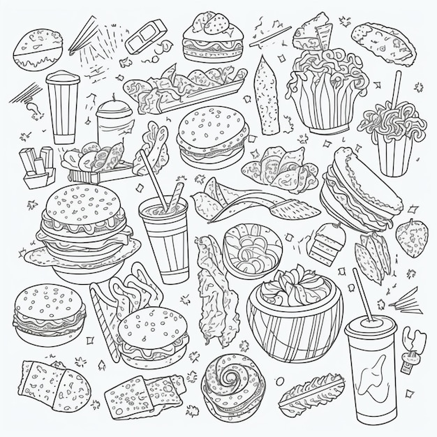 Czarno-biały rysunek różnych elementów fast food generatywne ai