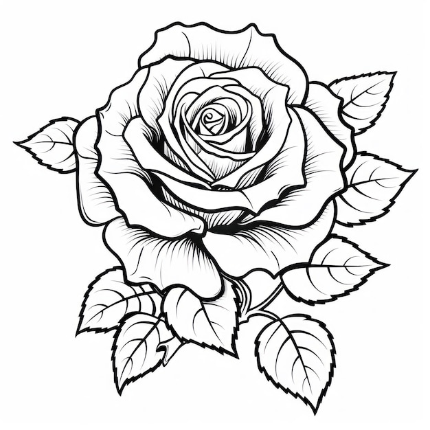 czarno-biały rysunek róży z liśćmi i liśćmi.