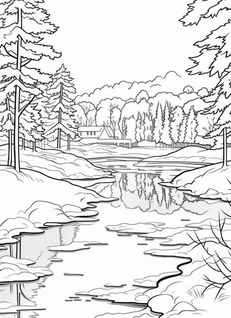 czarno-biały rysunek rzeki w lesie generatywny ai